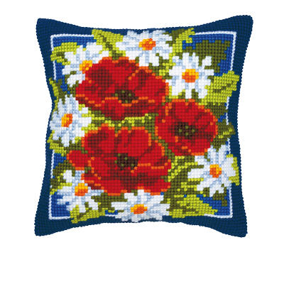 Coussin Coquelicots et Marguerites (bleu)