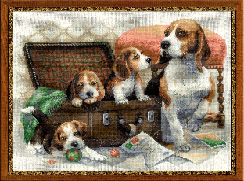 Borduurpakket Hond met Drie Puppies