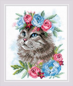 Kit de broderie Chat entre des Fleurs