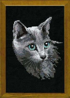 Kit de broderie Chat gris avec Yeux Bleus