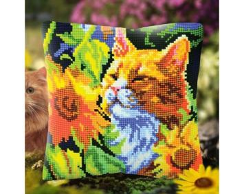 Kruissteek kussen Cat in Sunflowers
